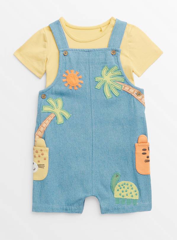 Yellow Short Sleeve Bodysuit & Denim Bibshorts Set 12-18 months